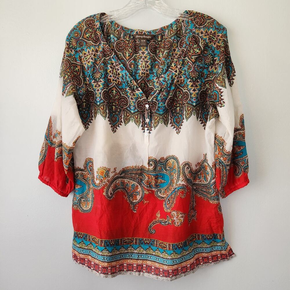 Tommy Bahama Top Women's M Tan Red Abstract Cotton Silk Coastal Chic Boho Resort